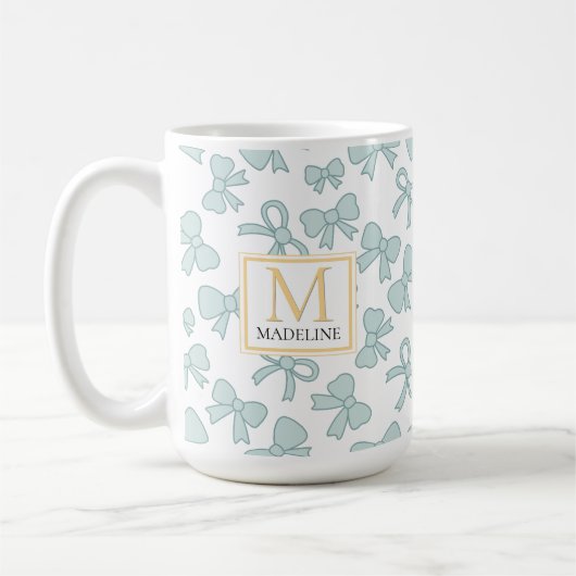 Personalized Blue Bow Girl Cute Gold Monogram Name Kaffeetasse (Links)