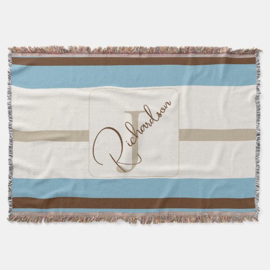 Personalized Blue Brown Stripe Monogram Coastal Decke (Vorderseite)