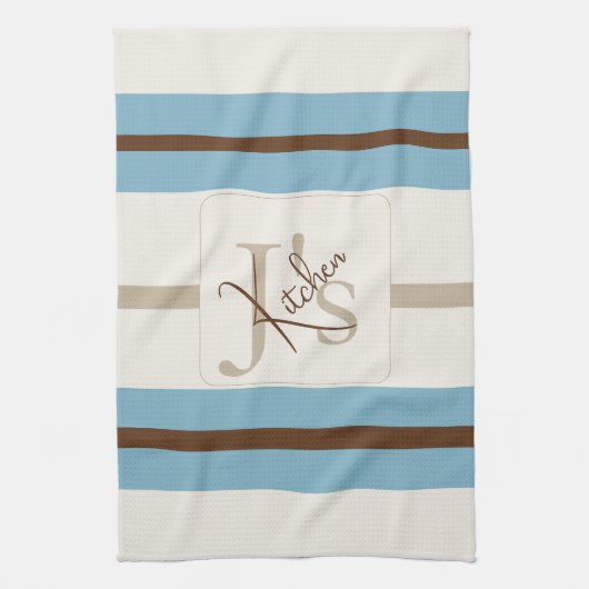 Personalized Blue Brown Stripe Monogram Coastal  Geschirrtuch (Vertikal)