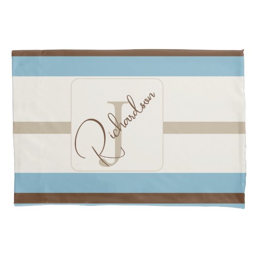 Personalized Blue Brown Stripe Monogram Coastal Kissenbezug (Vorderseite)