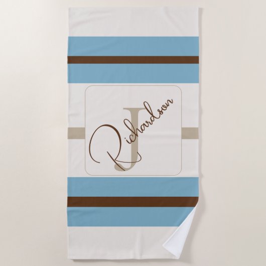 Personalized Blue Brown Stripe Monogram Coastal Strandtuch (Vorderseite)