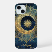 Personalized Blue Celestial Gold Sun Moon Mandala  iPhone 15 Hülle (Rückseite)