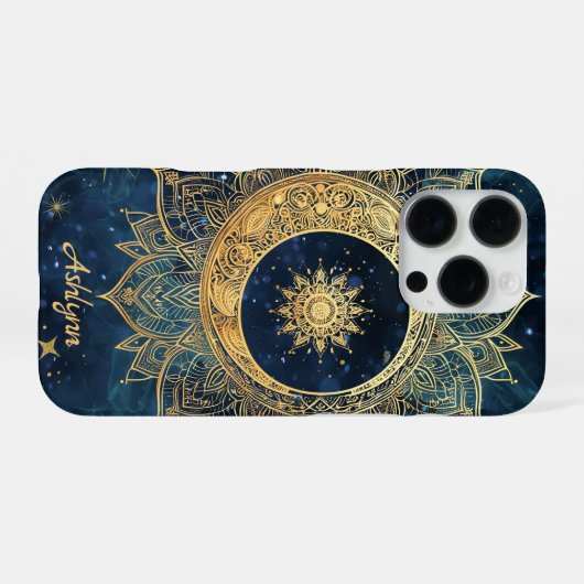 Personalized Blue Celestial Gold Sun Moon Mandala iPhone Hülle (Rückseite (Horizontal))