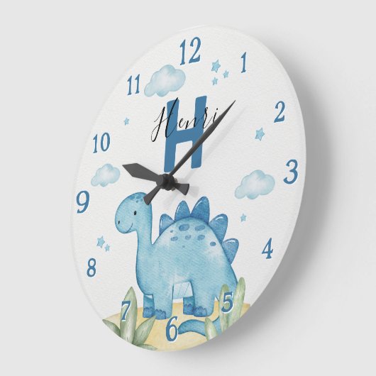 Personalized Blue Dinosaur Nursery Wall Clock Große Wanduhr (Winkel)