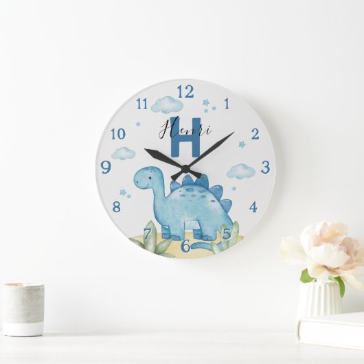 Personalized Blue Dinosaur Nursery Wall Clock Große Wanduhr (Zuhause)