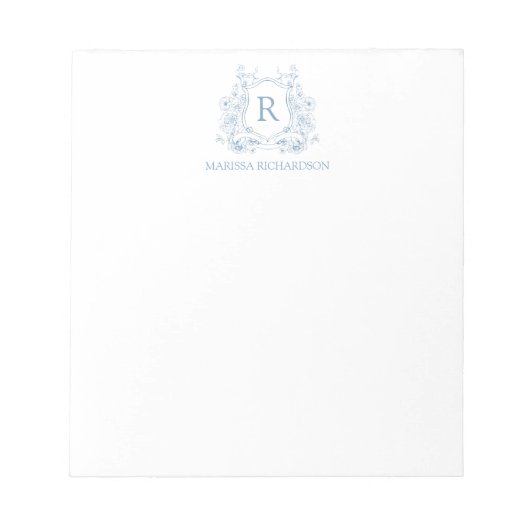Personalized Blue Floral Crest Notepad Notizblock (Vorderseite)
