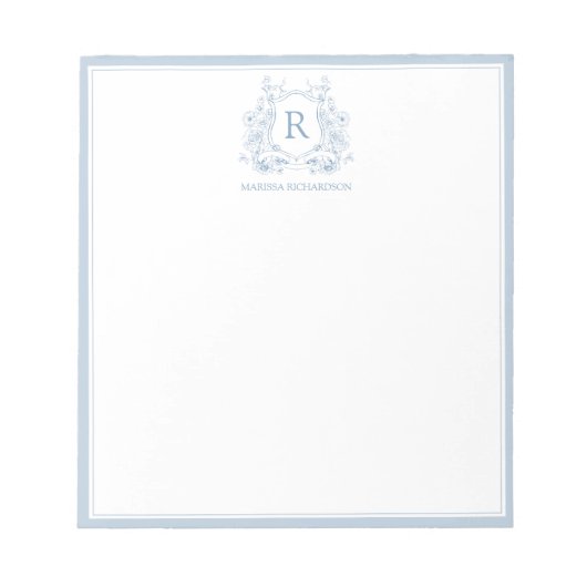 Personalized Blue Floral Crest Notepad Notizblock (Vorderseite)
