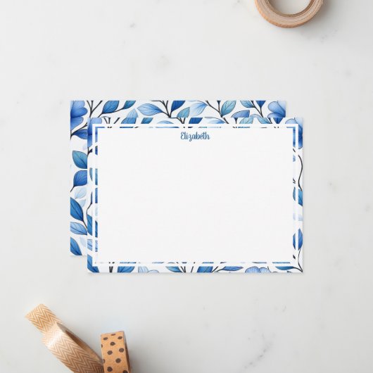 Personalized Blue Floral Flat Note Card Mitteilungskarte (Vorderseite/Rückseite Beispiel)