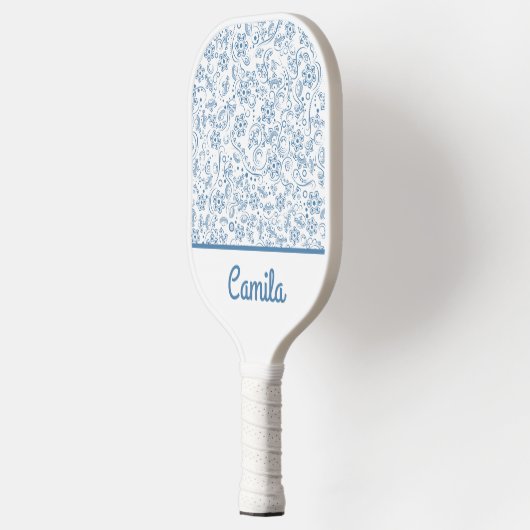 Personalized Blue Floral Pattern Custom Name  Pickleball Schläger (Links)
