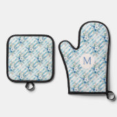 Personalized Blue Floral Stripe Country Kitchen Ofenhandschuh & Topflappen-Set (Vorderseite)