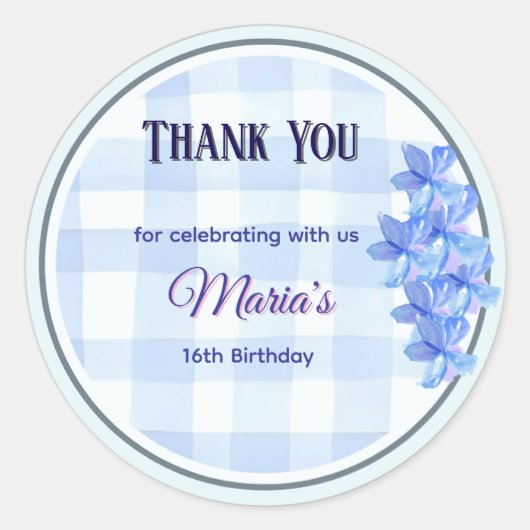 Personalized Blue Floral Thank You Sticker | Bday (Vorderseite)