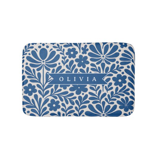 Personalized Blue Folk Floral Nordic Custom Badematte (Vorderseite)
