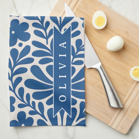 Personalized Blue Folk Floral Nordic Custom Geschirrtuch (Viertel Falte)