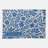 Personalized Blue Folk Floral Nordic Custom Geschirrtuch (Horizontal)