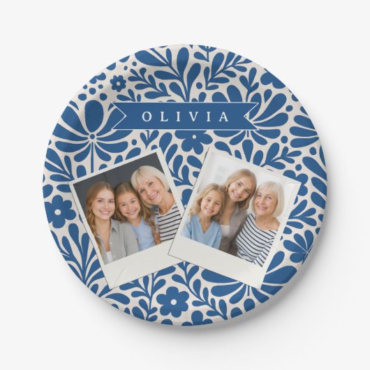 Personalized Blue Folk Floral Nordic Custom Pappteller (Vorderseite)
