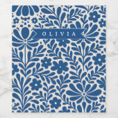 Personalized Blue Folk Floral Nordic Custom Weinetikett (Einzelnes Label)