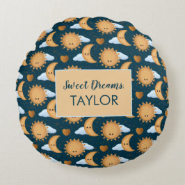 Personalized Blue Gold Sun Moon Sweet Dreams Name Rundes Kissen