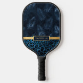 Personalized Blue Leopard Print Tropical Floral Pickleball Schläger (Vorderseite)