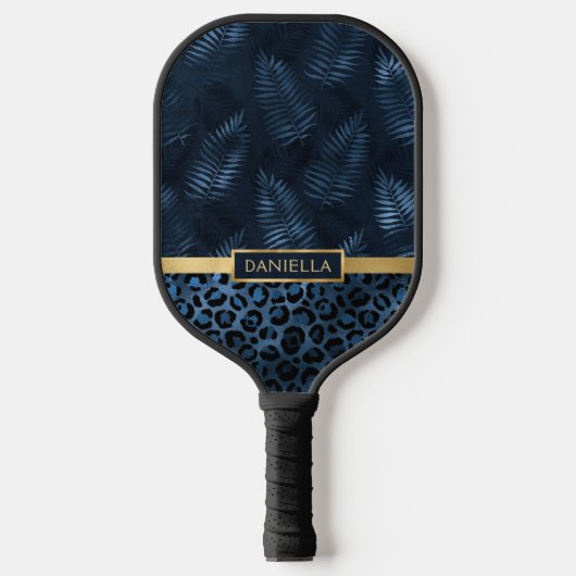Personalized Blue Leopard Print Tropical Floral Pickleball Schläger (Vorderseite)