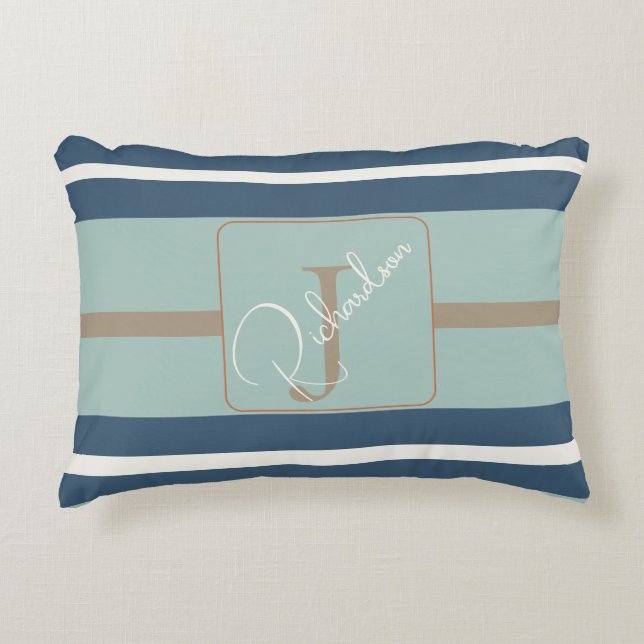 Personalized Blue Mint Tan Stripe Monogram Coastal Dekokissen (Vorderseite)