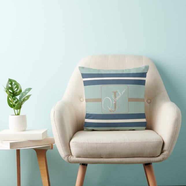 Personalized Blue Mint Tan Stripe Monogram Coastal Kissen (Stuhl )