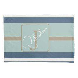 Personalized Blue Mint Tan Stripe Monogram Coastal Kissenbezug