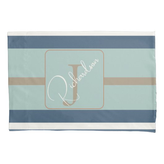 Personalized Blue Mint Tan Stripe Monogram Coastal Kissenbezug (Vorderseite)