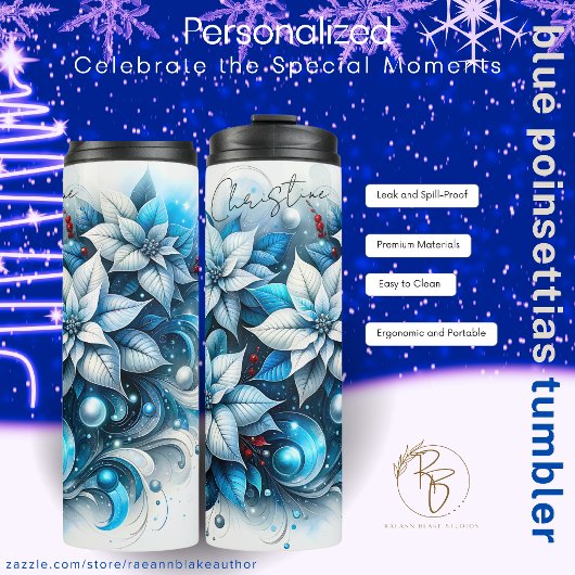 Personalized Blue Poinsettias Thermal Tumbler Thermosbecher