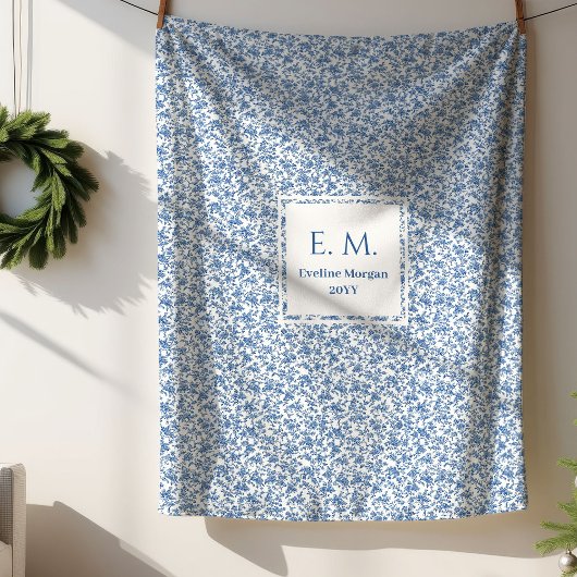 Personalized Blue Toile Floral Cozy Gift Blanket Sherpadecke