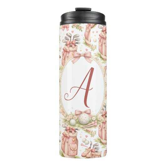 Personalized Blush Bow Golf Monogram Thermosbecher (Vorderseite)