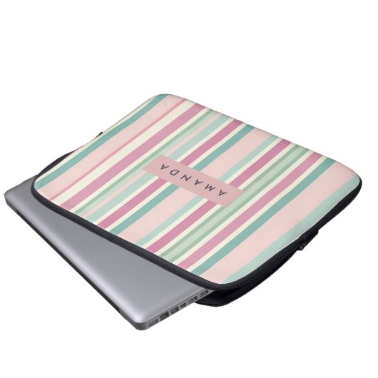 Personalized Blush Mint Pastel Stripes Laptopschutzhülle (Vorne Knopf)