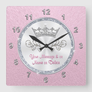 Personalized Blush Pink Clock with Pretty Tiara Quadratische Wanduhr