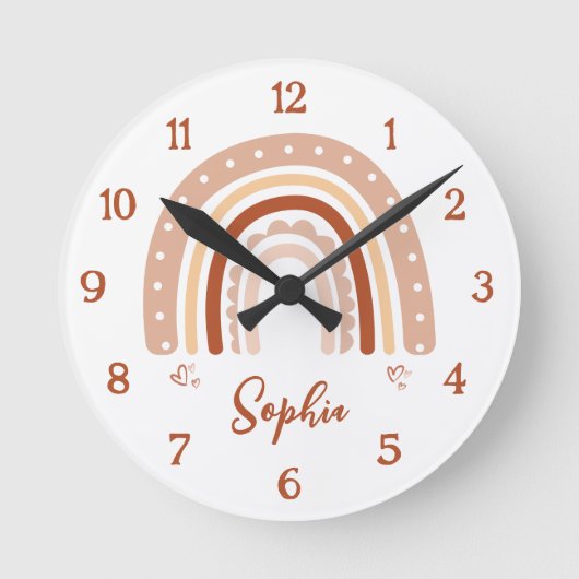 Personalized Boho Rainbow Nursery Wall Clock – Rou Runde Wanduhr (Vorderseite)