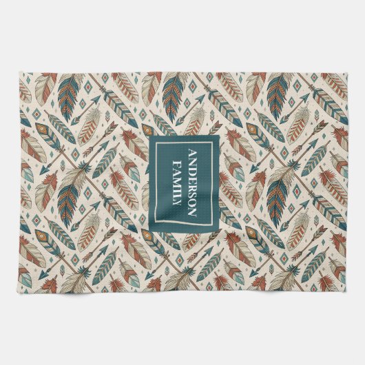Personalized Boho Towel Ethnic Feathers & Arrows Geschirrtuch (Horizontal)