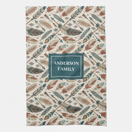 Personalized Boho Towel Ethnic Feathers & Arrows Geschirrtuch (Vertikal)