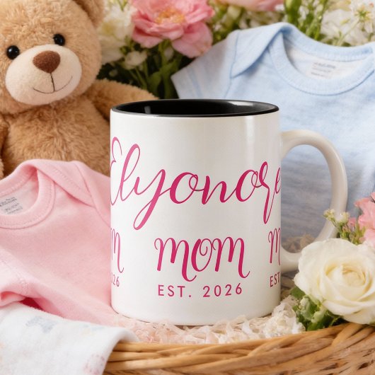 Personalized Bold  Name Est New Mom Pink Script  Zweifarbige Tasse