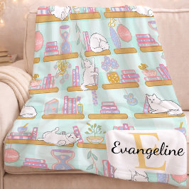 Personalized Bookish Cat Gift Green Pastel Name Fleecedecke