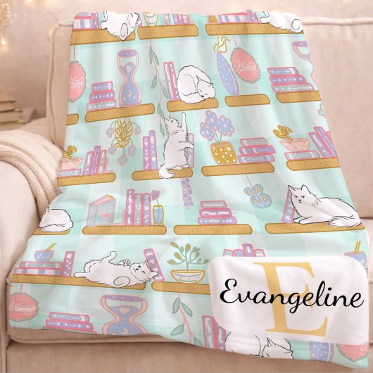 Personalized Bookish Cat Gift Green Pastel Name Fleecedecke