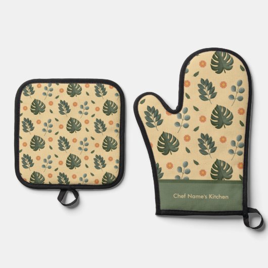 Personalized Botanical Name Cream and Sage Green Ofenhandschuh & Topflappen-Set (Vorderseite)