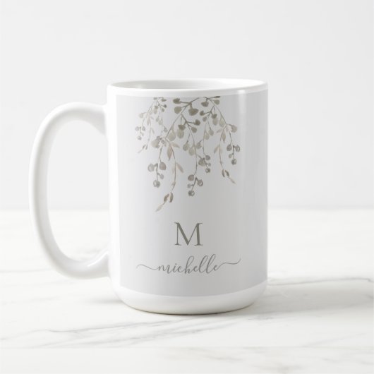 Personalized Botanical Watercolor Monogram Gray Kaffeetasse (Links)
