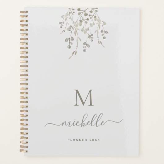 Personalized Botanical Watercolor Monogram Gray Planer (Vorderseite)