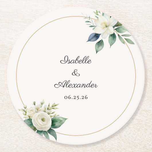 Personalized Botanical White Floral Wedding Runder Pappuntersetzer (Vorderseite)