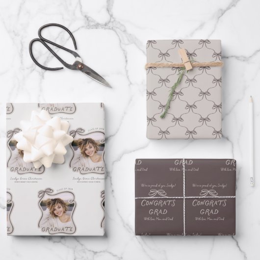 Personalized Bow Wavy Frame Photo Graduation Geschenkpapier Set (Vorderseite)