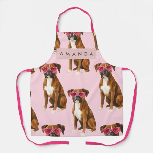 Personalized Boxer Dog with Pink Heart Glasses Schürze (Vorderseite)