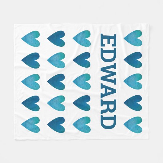 Personalized Boy Blue Hearts Valentines Day Fleecedecke (Vorderseite (Horizontal))