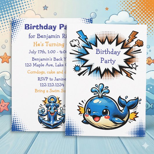 Personalized Boy's Nautical Whale  Birthday Party Einladung