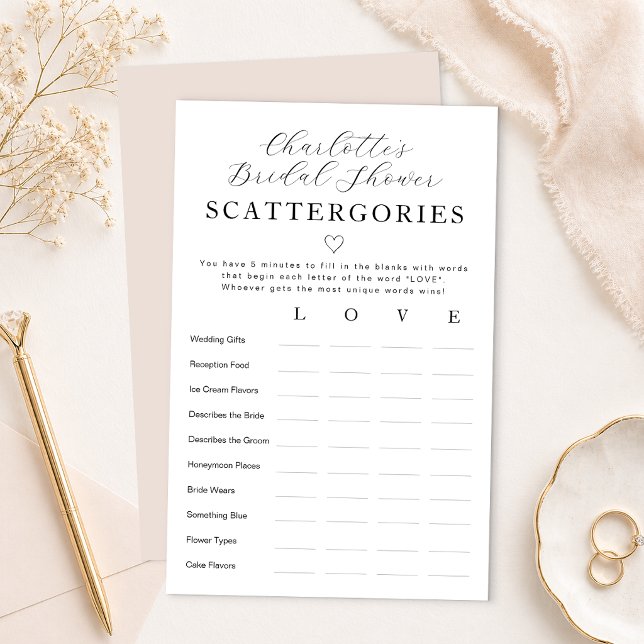 Personalized Bridal Shower Scattergories Game (Bridal Shower Game Card)
