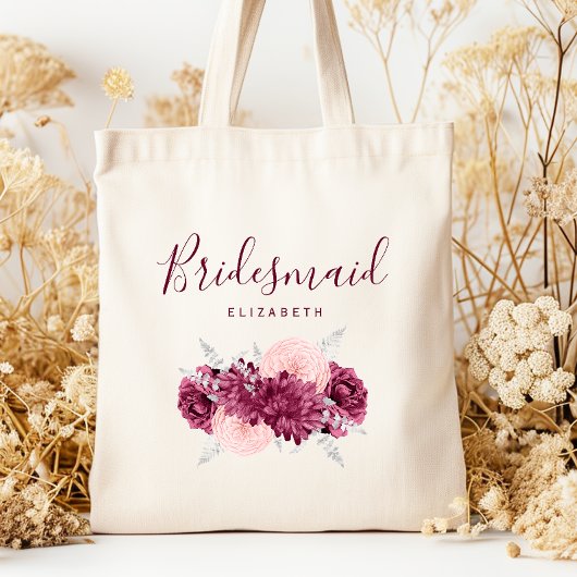 Personalized Bridesmaid Floral Burgundy Blush Tragetasche