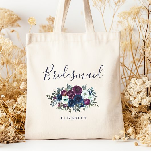 Personalized Bridesmaid Floral Navy Blue Purple Tragetasche
