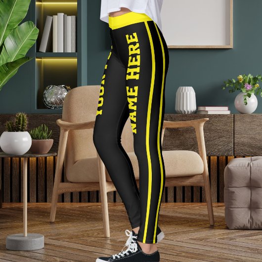 Personalized Bright Yellow Black Stripes Pet Names Leggings